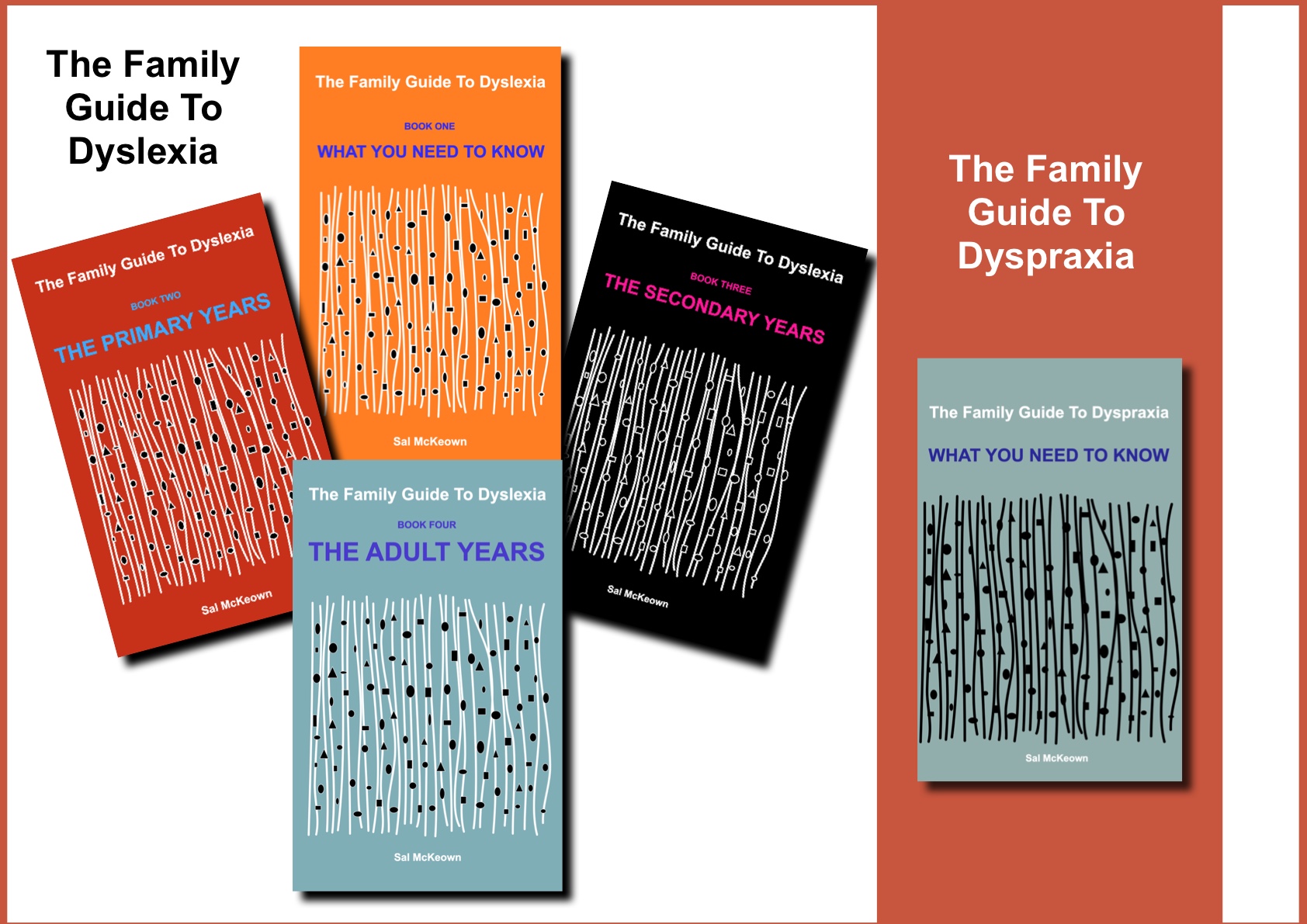 Five book covers: The Family Guide to Dyslexia (book one - what you need to know, book two - the primary years, book three - the secondary years, book four - the adult years), and the Family Guide to Dyspraxia (one volume: what you need to know)